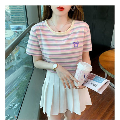 Embroidery Stripe Loose Fit Versatile Round Neck Anti-Aging Short Sleeve Tee