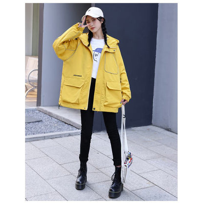 Workwear Style Loose Fit Reflective Casual Raincoat Hooded Jacket