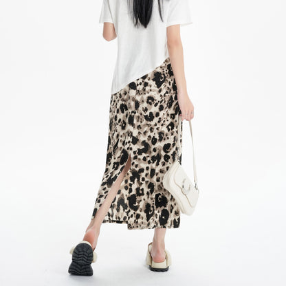 Slimming Elastic Waist Floral Print Split Hem Leopard-Print Mesh Skirt