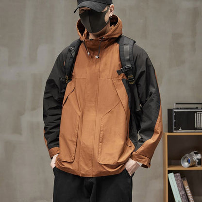 Patchwork Outdoor In-Seam Pocket Hooded Water-Resistant Windbreaker