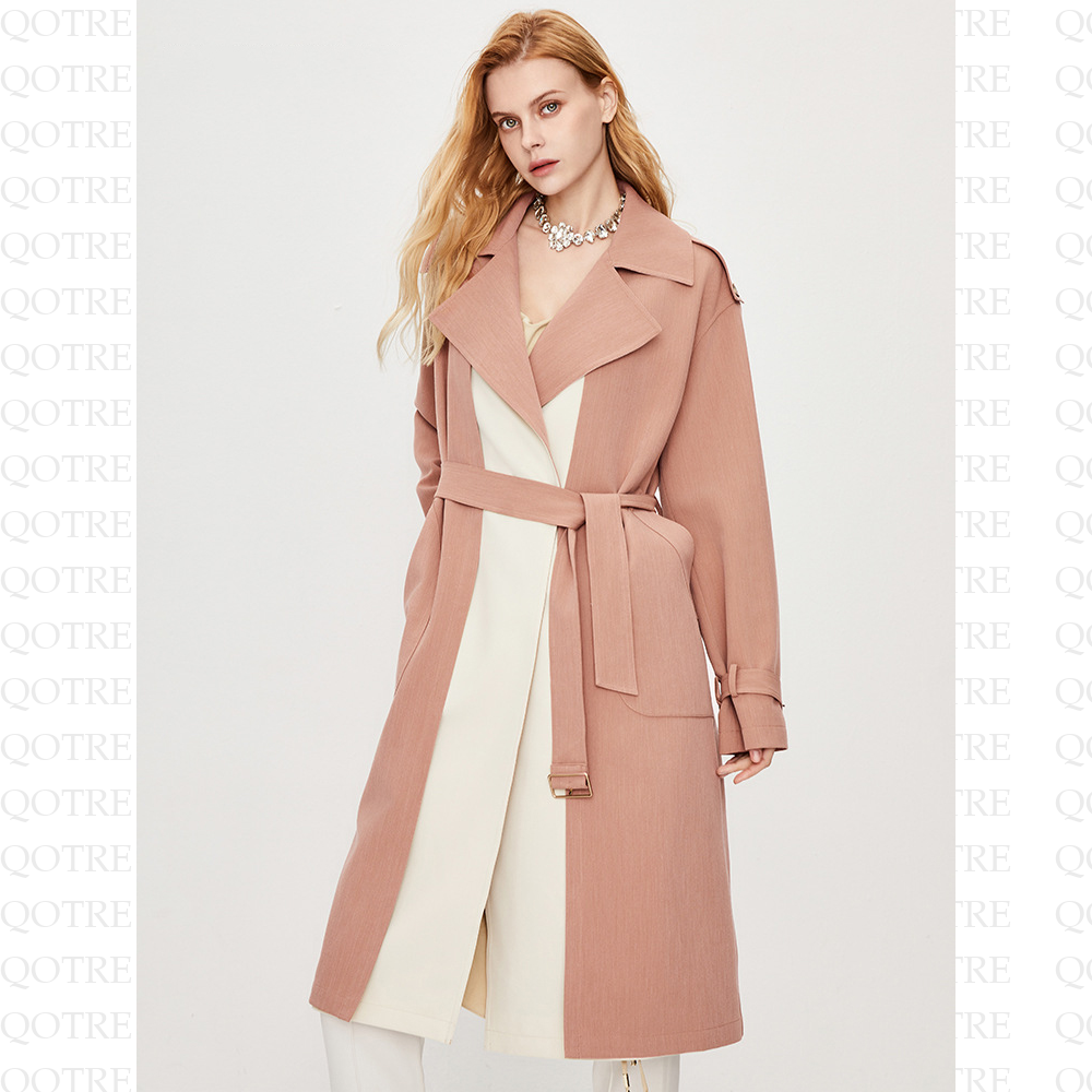 Color Block Calf-Length Belted Wool Blend Coat