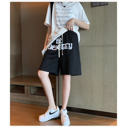Shorts de estilo casual con bordado y letras, de cintura alta y pierna ancha para deportes de hip-hop.