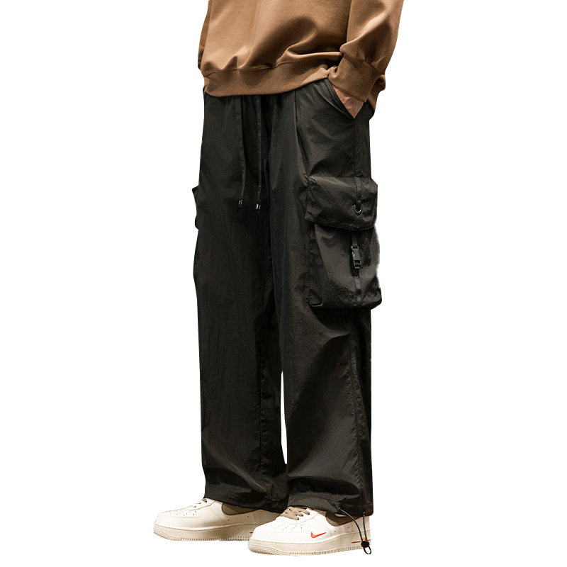Elasticity Solid Color Tapered Versatile Bellows Pocket Loose Fit Cargo Pants