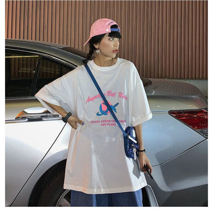 Estilo de moda más algodón puro, estilo Harajuku, camiseta de manga corta suelta.