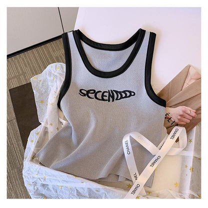 Low Waist Patchwork Letter Embroidery Worn Outside Cropped Knitted Tank Top