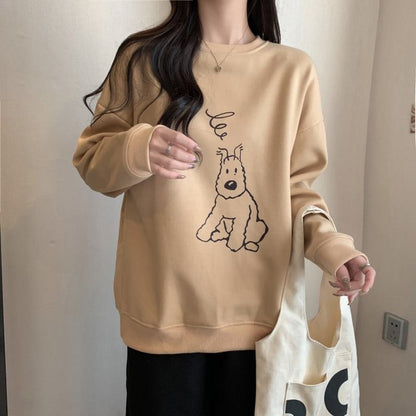 Locker sitzender Sweatshirt mit dünnem Cartoon-Print und Rundhalsausschnitt