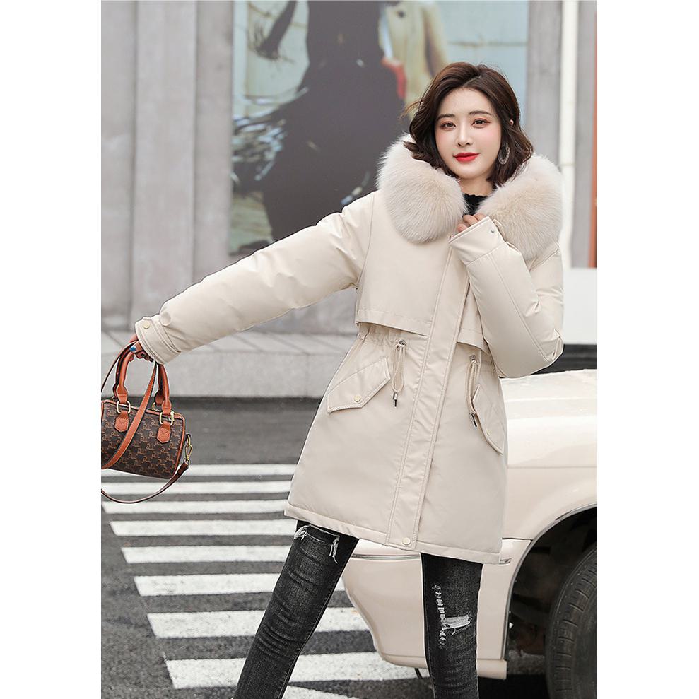 Drawstring Thigh-Length Fur Collar Parka