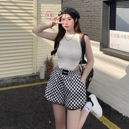 Casual Loose Fit Cotton Plaid Wide-Leg Black And White Shorts