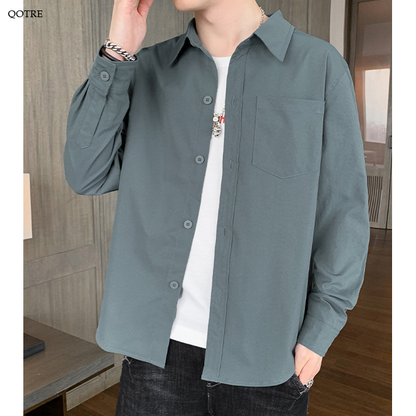 Solid Color Loose Fit Button Front Long Sleeve Shirt
