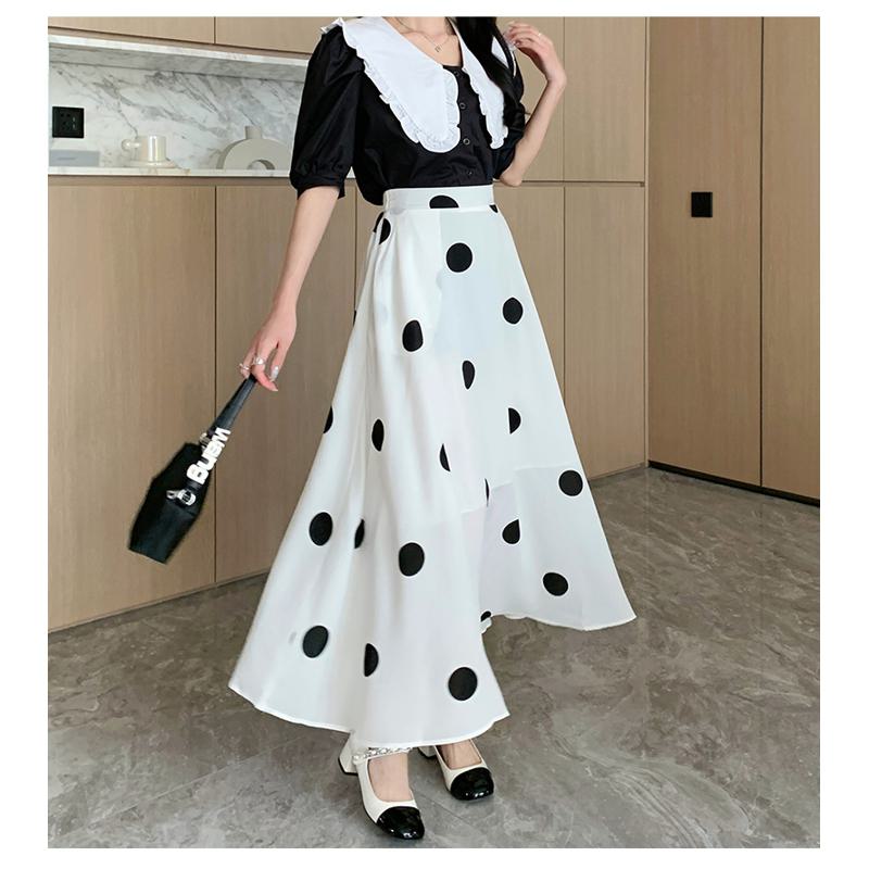 High-Waisted Chiffon Polka Dot Pocket Full Skirt Style Elastic Waist Skirt