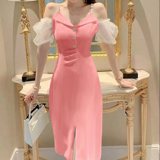 Französisches Split-Elegant leicht elastisches sanftes Off-Shoulder V-Ausschnitt Kleid.