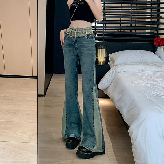 High-Waisted Slight Flare Worn-Out Look Color Blocking Retro Patchwork Jeans