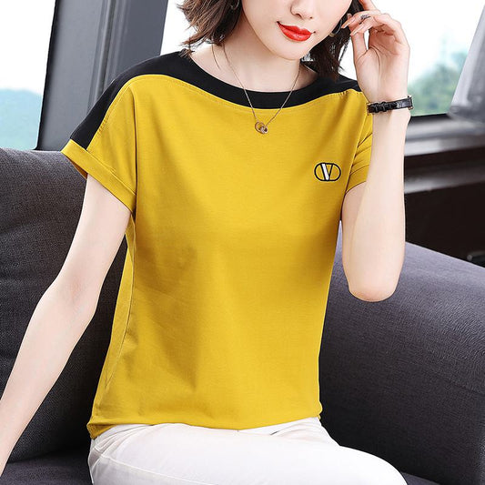 Camiseta de manga corta de algodón puro con cuello redondo, ajuste holgado y efecto adelgazante.