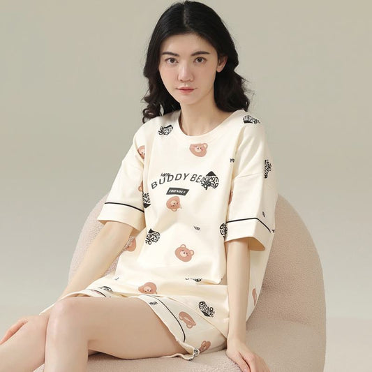 Tightly Woven Pure Cotton Bear Pattern Short Sleeves Lounge Set