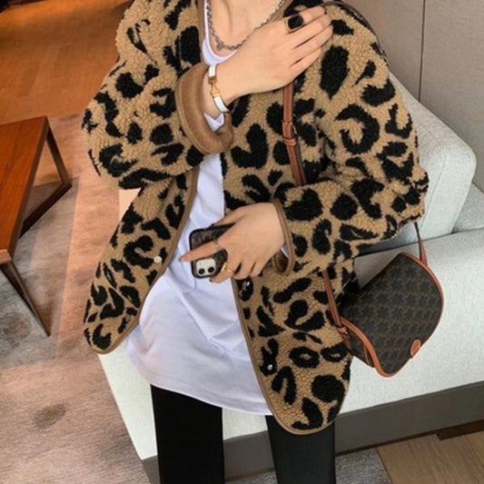 Leopard Print Thickened Lamb Fur-Trimmed Loose Fit Teddy Jacket
