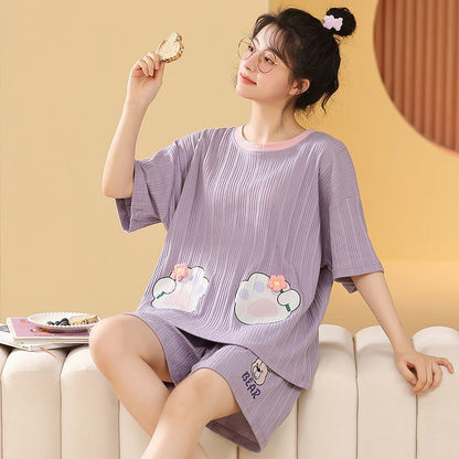 Round Neck Cotton Stripe Bear Purple Lounge Set