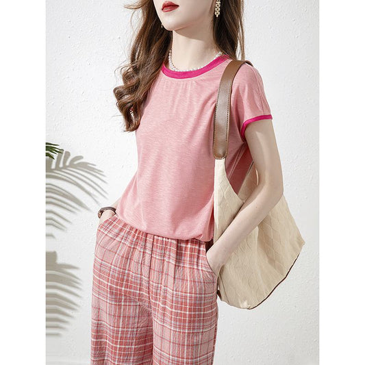 Chic Loose Fit Pink Color Blocking Round Neck Short Sleeve Tee