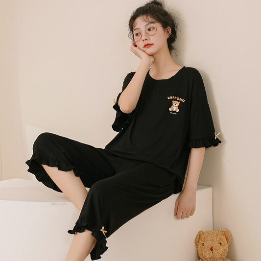 Conjunto de pijama negro de ajuste holgado de modal con osito.