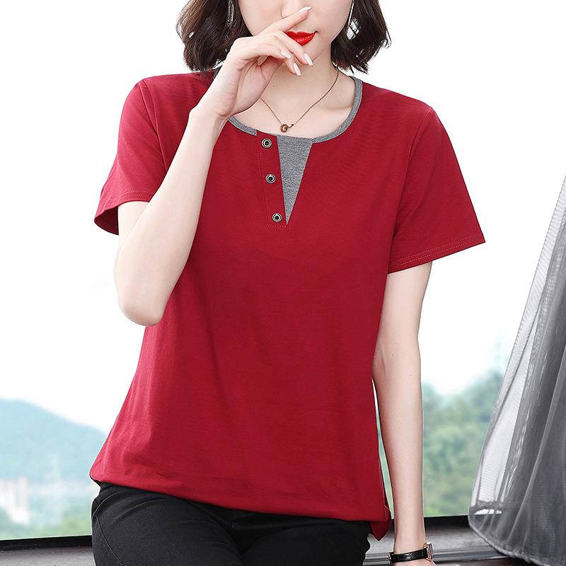 Faux Two-Piece Anti-Aging Loose Fit Pure Cotton Notched Neck Short Sleeve Tee