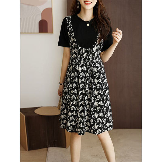Floral Print Round Neck Patchwork Faux Two-Piece Loose Fit Anti-Aging Dress