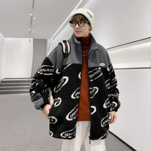 Lamb Wool Loose Fit Color Blocking Casual Thickened Fleece Jacket