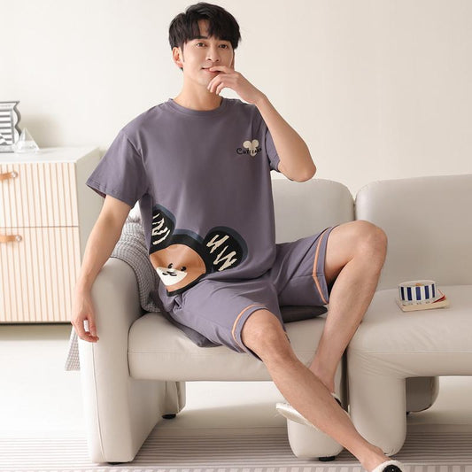 Round Neck Tightly Woven Pure Cotton Bear Pattern Short Sleeves Lounge Set