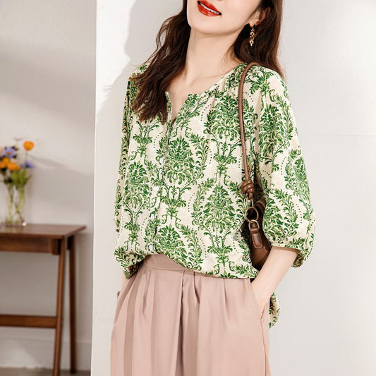 Chiffon Exquisite V-Neck Floral Print Thin Half-Sleeve Blouse