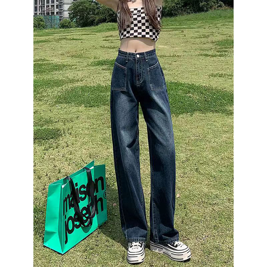 Slimming High-Waisted Straight Pants Loose Fit Pocket Retro Draping Jeans