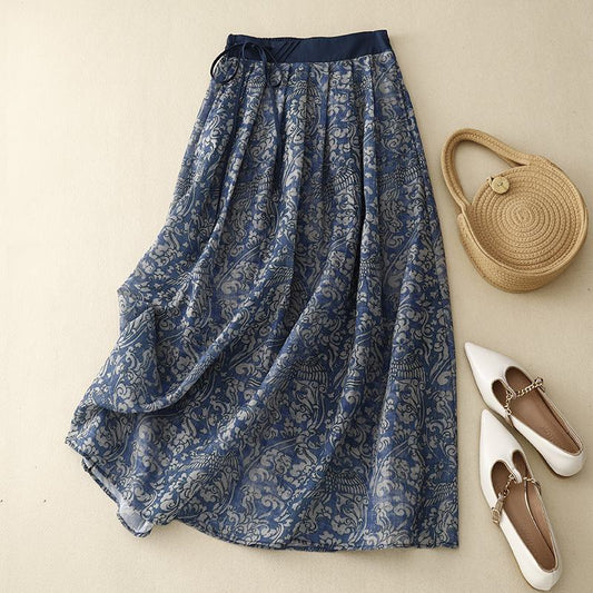 Floral Print Artistic Midi A-Line Mid-Waist Retro Skirt
