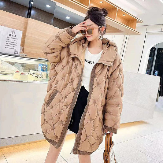 Quilted Loose Fit Thigh-Length Embroidery Thickened Puffer Jacket