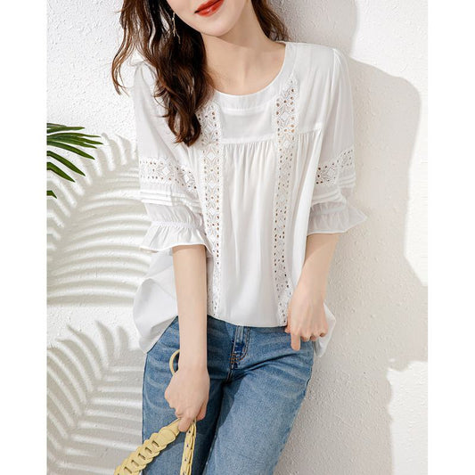 Loose Fit Ruffle Solid Color Lace Patchwork Lace Blouse