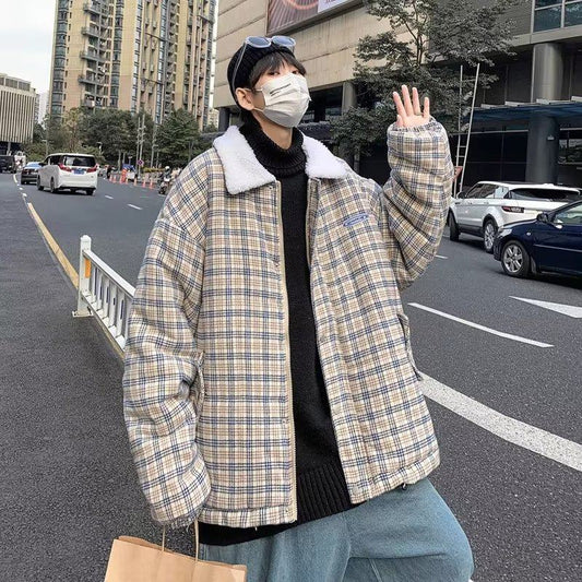 Loose Fit Retro Casual Lamb Thickened Plaid Flannel Coat