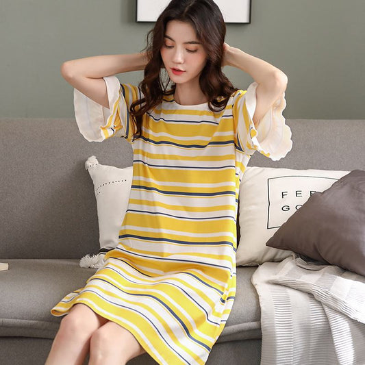Round Neck Cotton Stripe Midi Yellow Lounge Dress