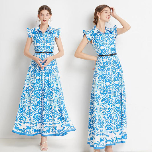 フラッタースリーブが美しいエレガントなバケーションプリントのスリムフィットドレス