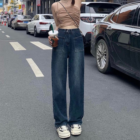 Slimming High-Waisted Drape Feeling Niche Floor-Length Loose Fit Pendant Pocket Straight Jeans