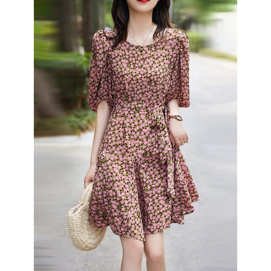 Retro Slimming Floral Print Cinched Waist French Style Fish Tail Dress