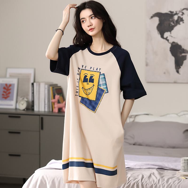 Pure Cotton Round Neck Pullover Patchwork Smiling Face Lounge Dress