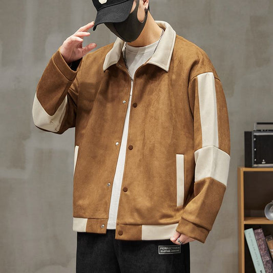 Lapel Collar Suede-Like Patchwork Thickened Overshirt