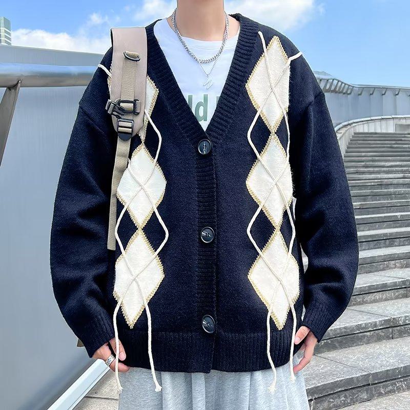 Cardigan tricoté à blocs de couleur et motif en losange