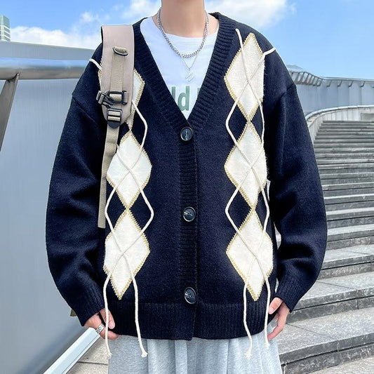 Cardigan tricoté à blocs de couleur et motif en losange