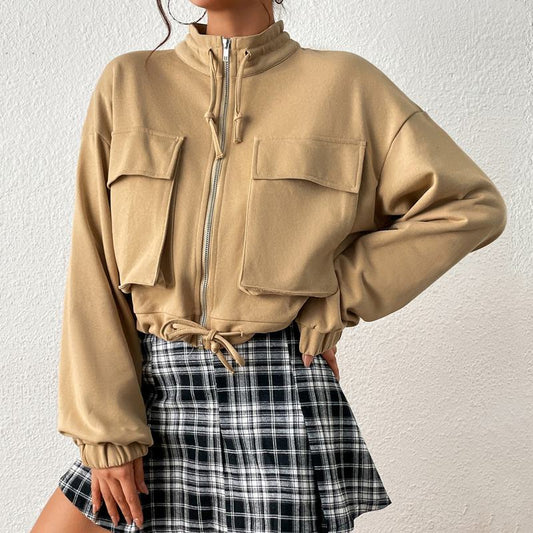 Cropped Stand-Up Collar Loose Fit Shirt Jacket