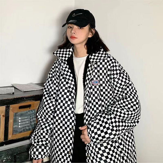 Reversible Checkerboard Lamb Niche Thickened Puffer Jacket