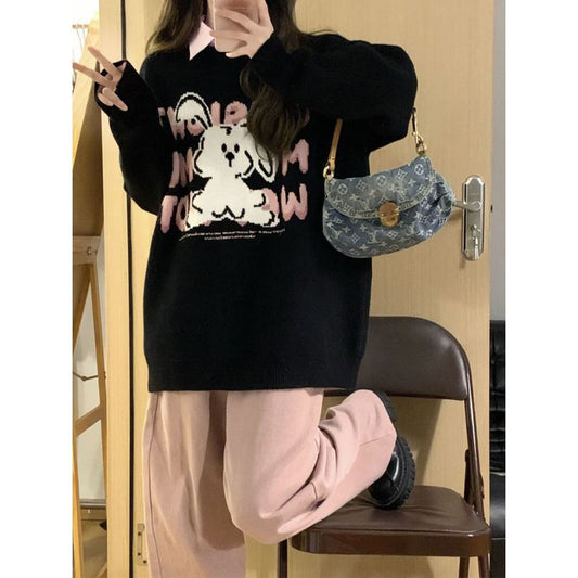 Suéter holgado de manga larga Bunny Color Blocking Petite para llevar fuera de casa.