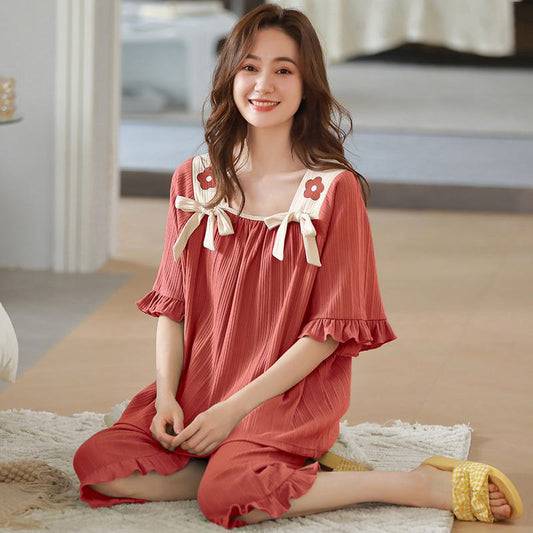 Ensemble pyjama plissé en coton rouge avec fleurs