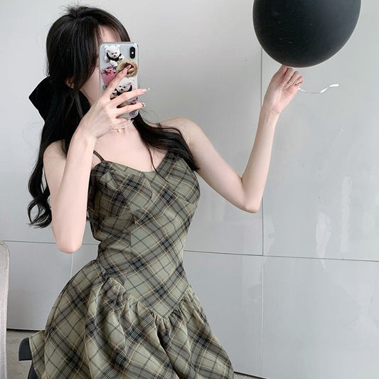 Chiffon Print Off-Shoulder Chic Slimming French Style Cinched Waist Plaid Dress