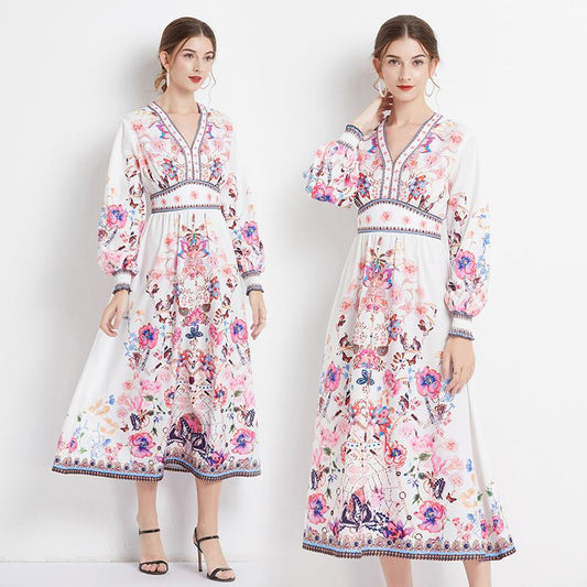 Retro High-Waisted Flower Print Slimming Full-Skirt Style Vacation V-Neck Dress
