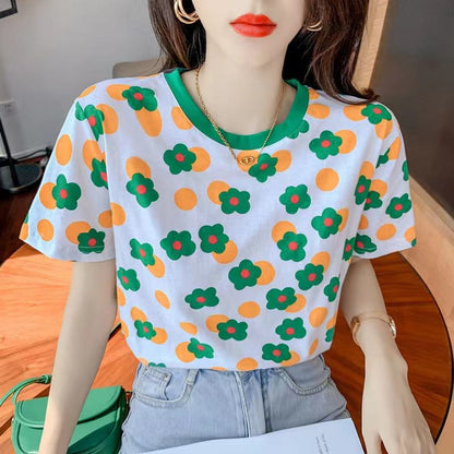 Camiseta de manga corta con cuello redondo estampado versátil de moda y flores elegantes