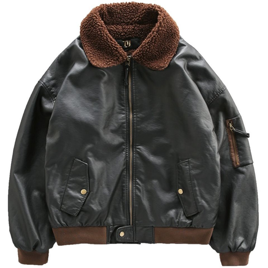 Fleece-Lined Thickened Lamb Warmth Leather Jacket