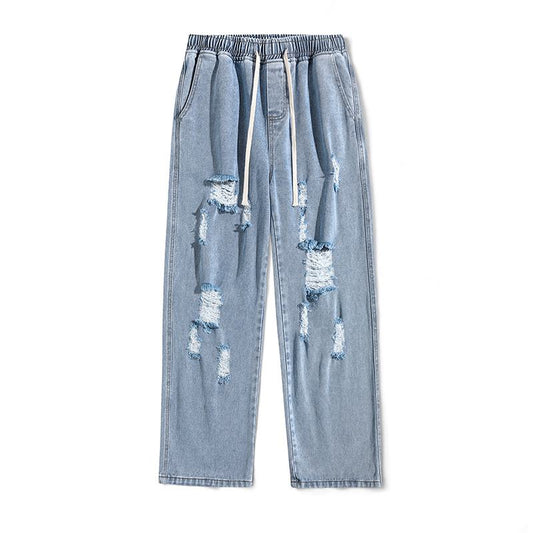 Elastic Waist Distressed Loose Fit Straight Trendy Jeans