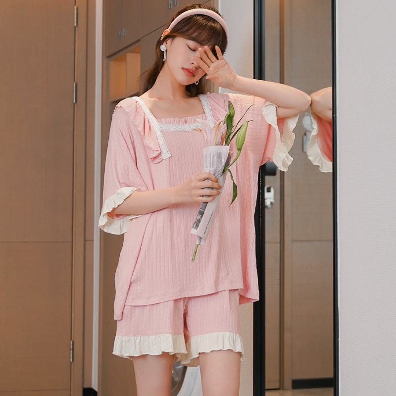Conjunto de pijama rosa plisado de modal de simplicidad